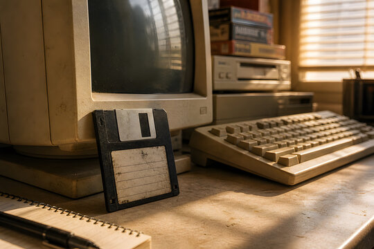 Dusty floppy disk leaning against old beige computer monitor