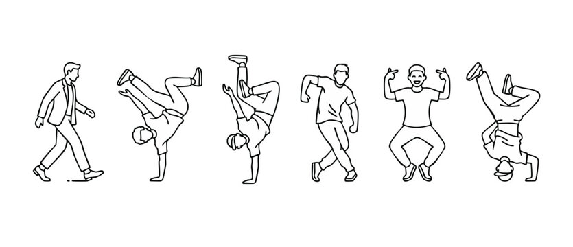 Breakdance people set, hip hop dancers in street style poses, line art characters showing dynamic movement, breakdancing stunts and urban rhythmic dance steps, minimalist vector black and white graphi