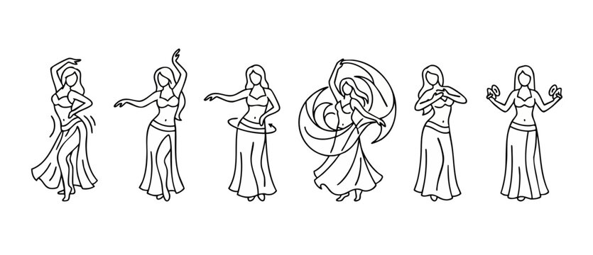 Belly Dancer Silhouette Icon Set, Oriental Dance Performance Poses, Traditional Middle Eastern Dancing Figures in Linear Art Style for Cultural Event, Festival, and Fitness Graphics Vector Collection