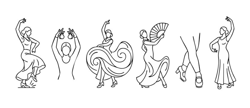Flamenco Dancer Line Art Icons Set, Spanish Traditional Dance Poses with Castanets and Fan, Minimalist Vector Illustration of Woman Performing Flamenco Performance Isolated on White Background for Des