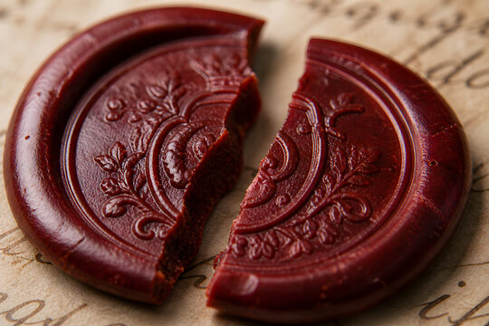 Broken red wax seal split in two on parchment