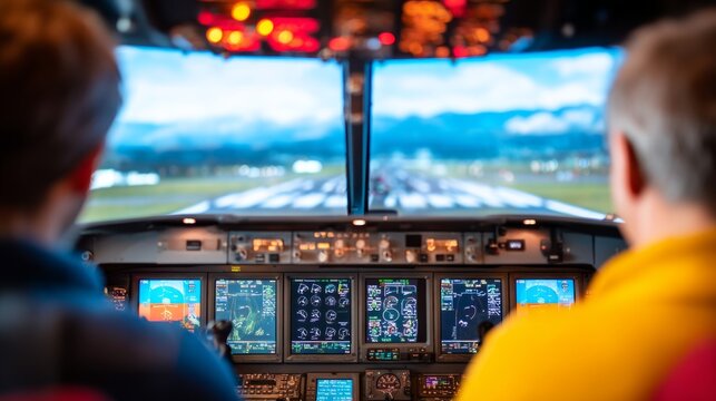 People Seated Inside Flight Simulator Cockpit Looking at Flight Controls