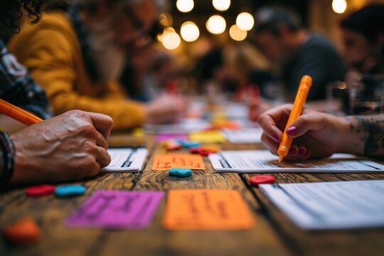 Seminar participants writing in workbooks with colored tokens on table