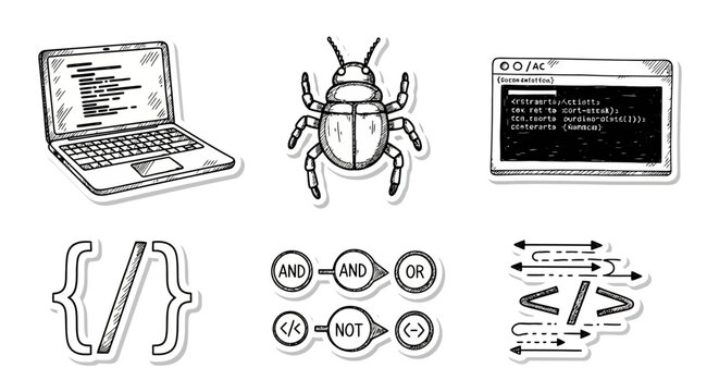 Black and white line art web development icons.