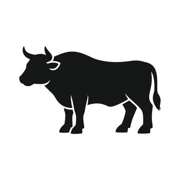 Black silhouette of a strong bull standing in profile isolated on white background
