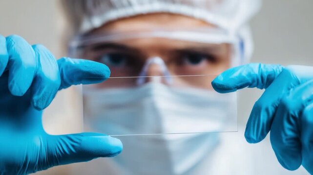 Science professional holding slide: A focused scientist, shielded in protective gear, meticulously examines a glass slide.