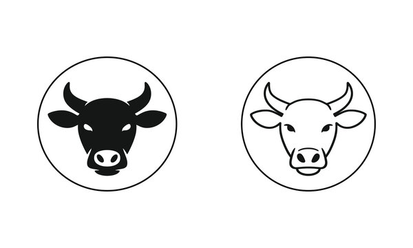Black and white bull head icons in circular frames isolated on white background