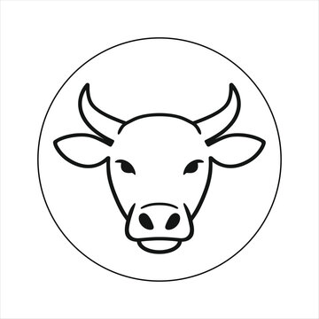 Simple black and white line art icon of a bull head in a circle isolated on white background