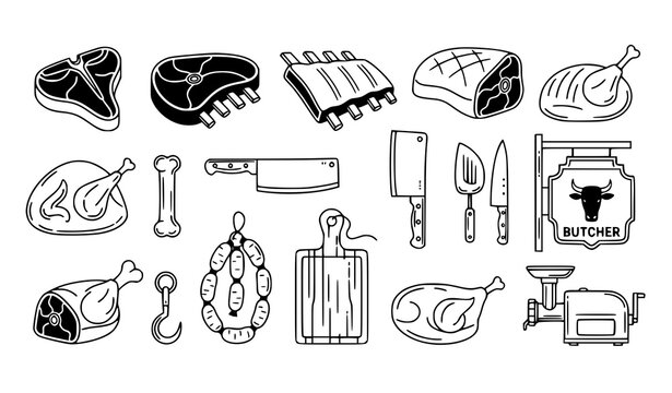 Butcher line icons vector meat cuts knife steak sausage set