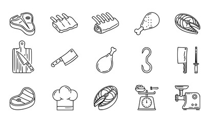 Fototapeta premium Butcher icons vector line style meat cuts tools food illustration