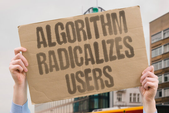 "Algorithm Radicalizes Users" Automated content recommendation systems progressively expose users to increasingly extreme ideological content. ALGORITHM. RADICAL. RECOMMEND. IDEOLOG. EXTREME.