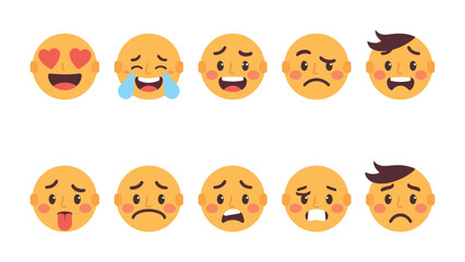 Naklejka premium Expressive Emoticons: A vibrant collection of expressive emoticons, each conveying a unique emotion, from joy and love to sadness and confusion. Perfect for conveying a wide range of feelings