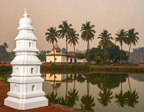Shree Mangeshi Temple Goa White Deepastambha Lamp Tower Pond Reflection Ponda Real Temple Architecture