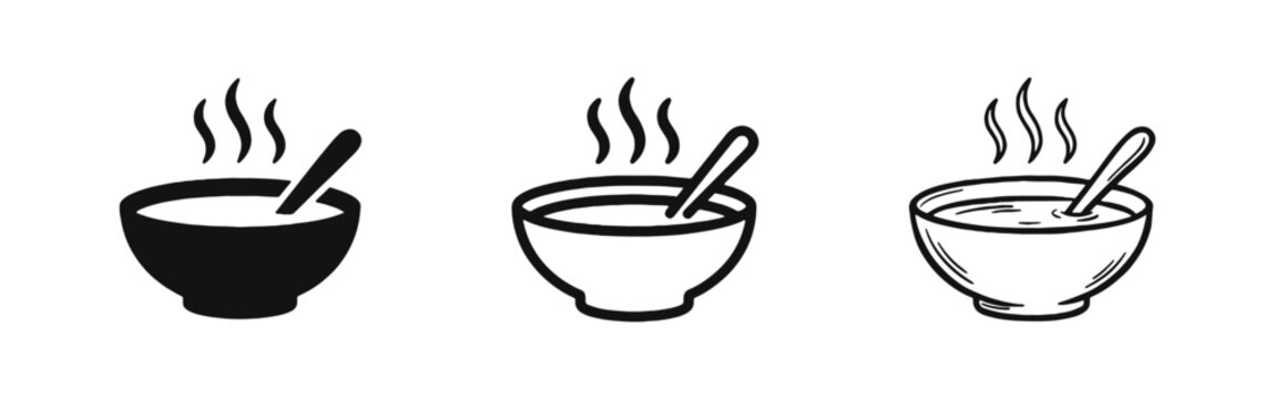 Hot soup bowl icon set, bowl with spoon and steam, dinner and healthy food symbol