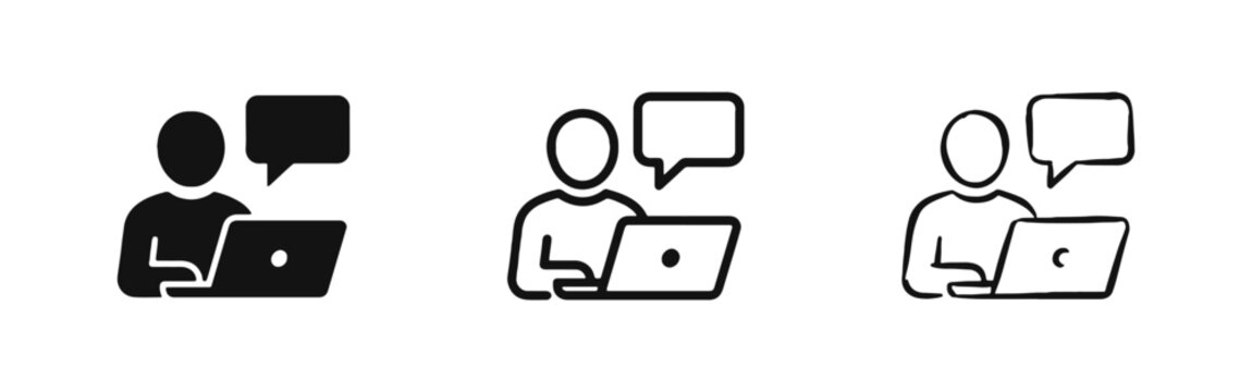 Remote work and online communication icon set with laptop and person