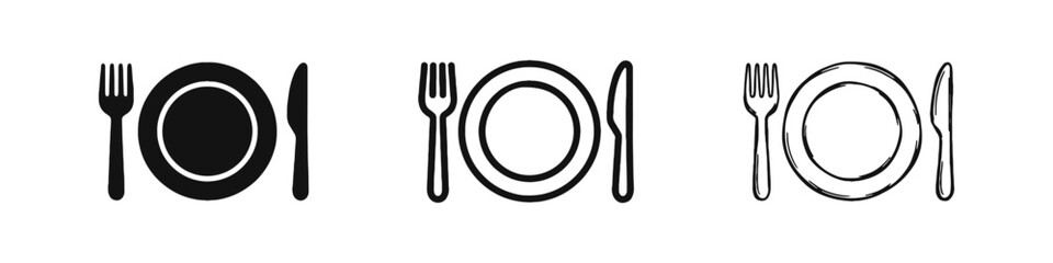Dining Icons Set with Fork Plate and Knife in Various Styles