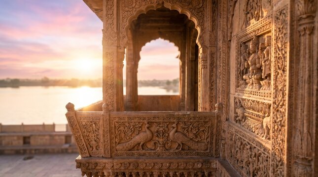 Close-up of Intricately Carved Stone Jharokha Balcony of an Ancient Indian Palace Overlooking Lake at Sunset