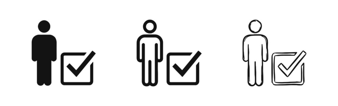 User verification icon set with person and checkmark, confirmed profile and approval concept
