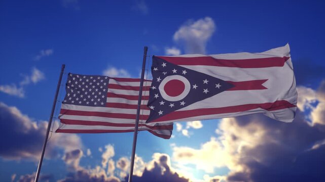 American And Ohio Flags Waving Against Dramatic Sunset Sky