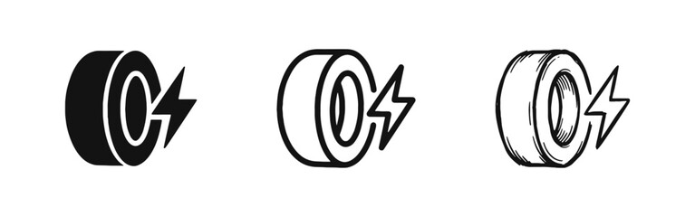 Electric Vehicle Tire and Performance Icon Set with Lightning Bolt Energy © drawing lines