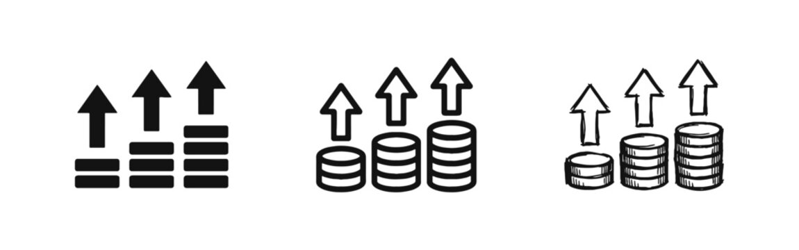 Financial growth coin stacks and upward arrow icon set