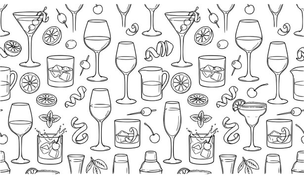 Minimal vintage cocktail seamless pattern vector drinks outline background