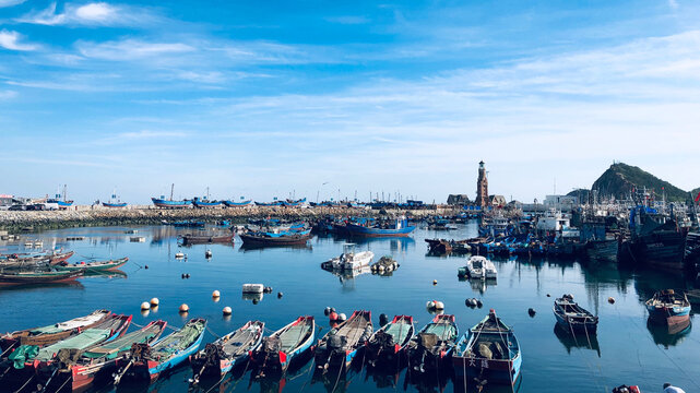 Fishing boats in Dalian Fisherman's Wharf harbor, China