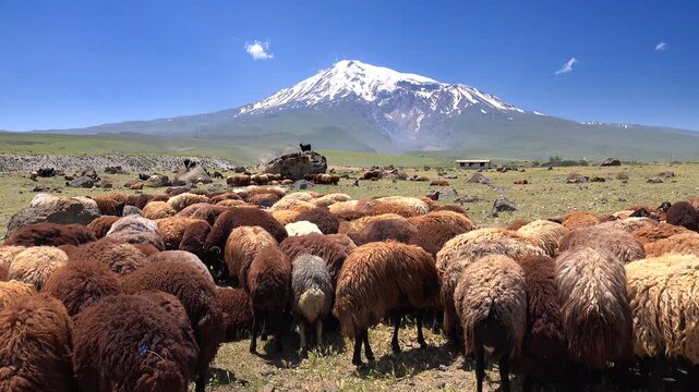 Herd of brown sheep graze at foot of snowcapped Mount Ararat volcano in Turkey plains. Solitary shepherd watches chestnut ewes feeding beside bright peak Agri Dagi, calm Igdir steppe pastureland.