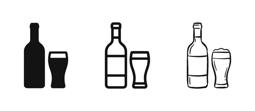 Alcohol Drink Icon Set featuring Wine Bottle and Beer Glass in Solid Outline and Hand Drawn Styles