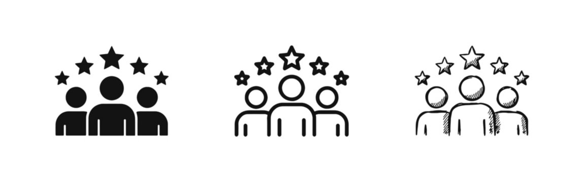 Top Performers or Best Team Icon Set with People and Stars in Solid Outline and Hand Drawn Styles