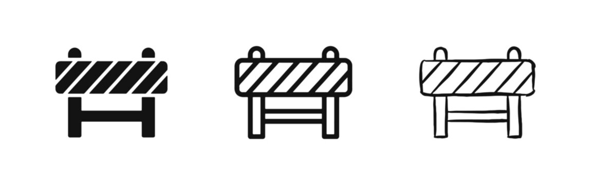 Construction road barrier icons for street work and safety warning in three different styles.