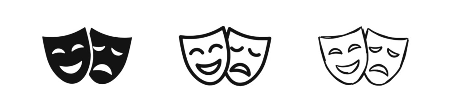 Theater comedy and tragedy masks icon set representing drama and entertainment in three styles.
