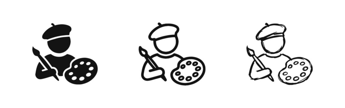 Creative artist icons with beret palette and paintbrush in three styles for art design.