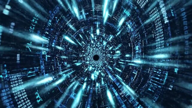 Abstract futuristic digital data tunnel motion background with binary code.