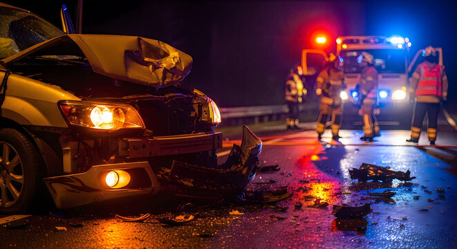 Car accident scene at night with emergency responders and flashing lights on a wet road.