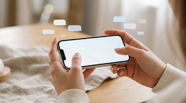 Business professional using smartphone with messaging interface, representing mobile communication, online chat, social interaction, digital connection, and modern communication technology