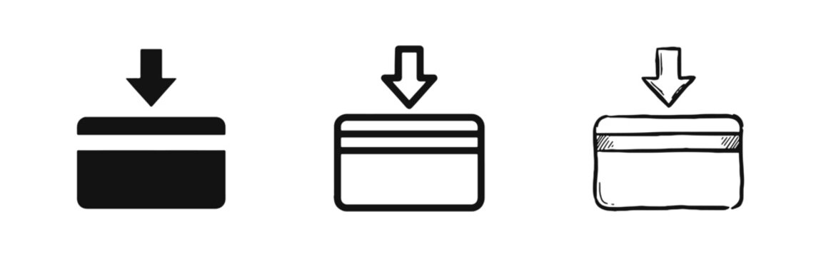 Credit Card Payment Icon Set with Insert Arrow in Solid, Outline, and Hand-Drawn Styles