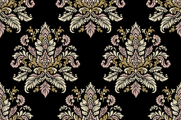 Ornate Floral Damask Seamless Pattern, Vintage Embroidery Design with Gold and Pink Accents, Ethnic Botanical Motif on Black Background for Textile and Wallpaper, Bohemian Vector Art © supachai