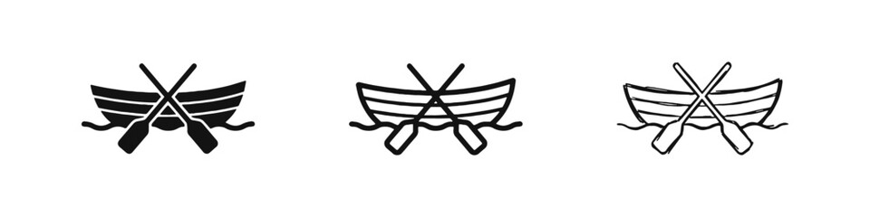 Wooden Rowing Boat with Oars Icons - Solid, Outline, and Sketch Styles for Nautical Travel © drawing lines