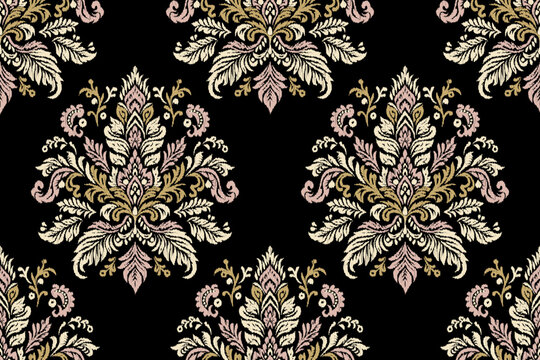Ornate Floral Damask Seamless Pattern, Vintage Embroidery Design with Gold and Pink Accents, Ethnic Botanical Motif on Black Background for Textile and Wallpaper, Bohemian Vector Art