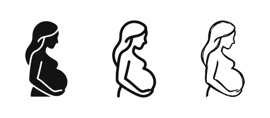 Pregnancy and Maternity Icon Set - Pregnant Woman Silhouette Symbols in Three Different Styles