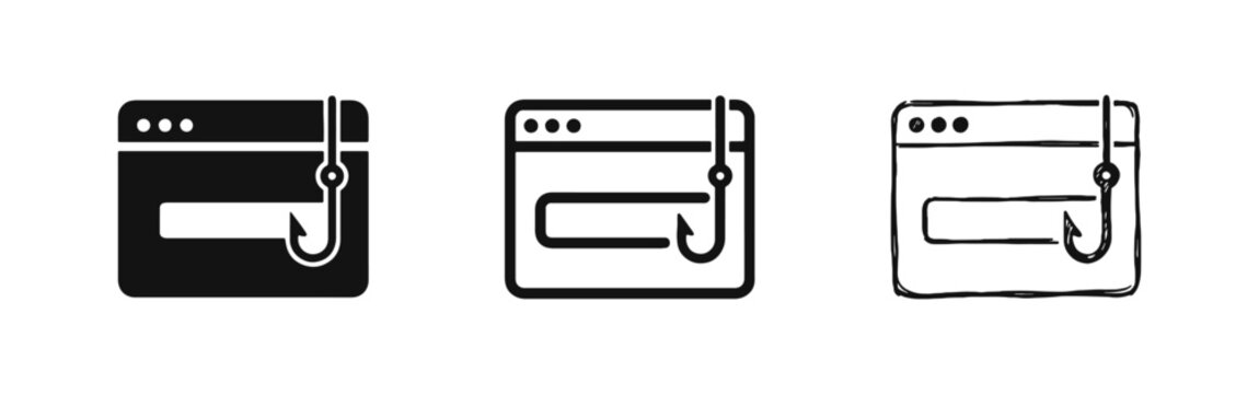 Cyber Security Phishing Icon Set - Web Browser and Fishing Hook Symbols in Three Styles