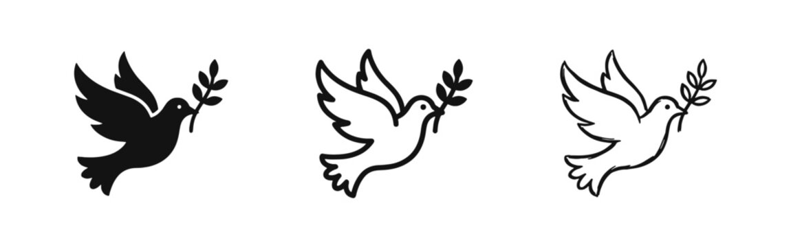 Peace dove icon set with olive branch in glyph, outline, and hand-drawn sketch styles isolated on white background