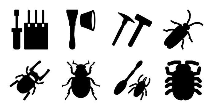 Insect and Tool Icon Set Silhouette Collection - Black silhouette icons featuring insects and hand tools, ideal for pest control, repair services, biology themes, and practical design elements.