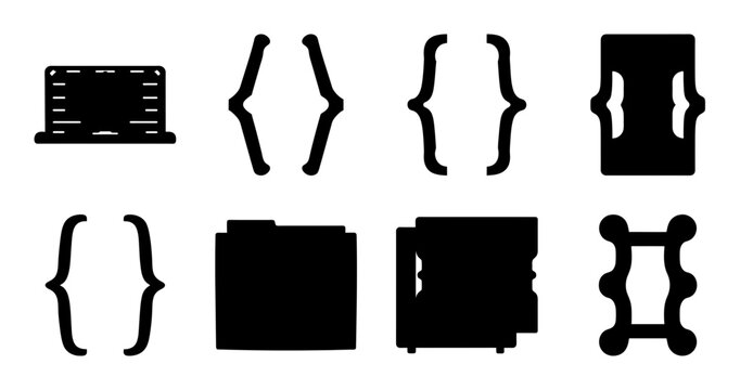 Curly Brackets and Code Frame Icon Set - Black silhouette icons featuring curly brackets, code symbols, and abstract frames, ideal for programming, development, and interface design concepts.