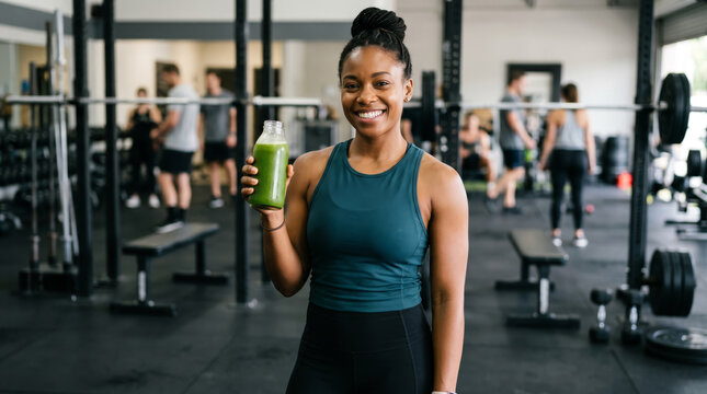 Black, African-American female holding a refreshing green juice bottle in a gym setting, healthy lifestyle