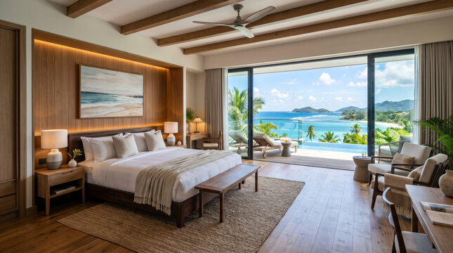 A luxurious modern bedroom in a tropical area with a stunning tropical ocean view