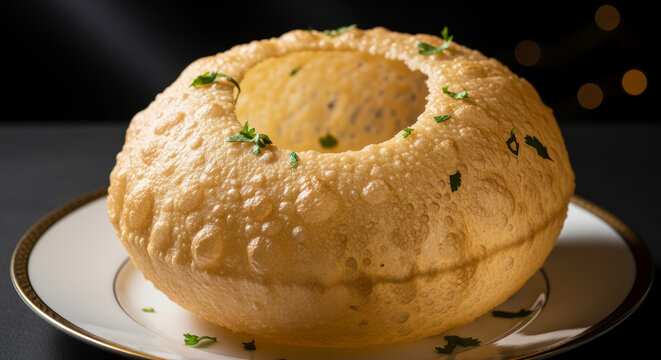 A close-up shot of a single, large, golden-brown Bhatura, perfectly puffed up with a crispy, blistered texture, resting on a white plate with gold trim against a dark background