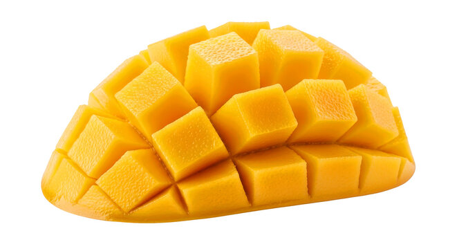 Fresh mango half, cubed, isolated on a transparent background