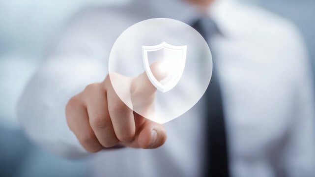 Digital Shield of Trust: A man's finger gently touches an illuminated digital shield icon, symbolizing cybersecurity, protection, and data security. The image captures the essence of safety, security.
